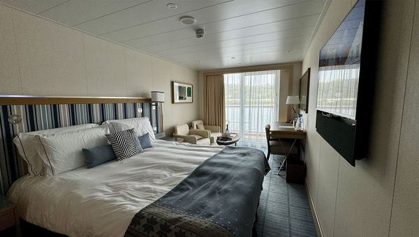 A deluxe veranda stateroom on deck 2 on the Viking Mississippi. A deluxe veranda stateroom on deck 2 on the Viking Mississippi.