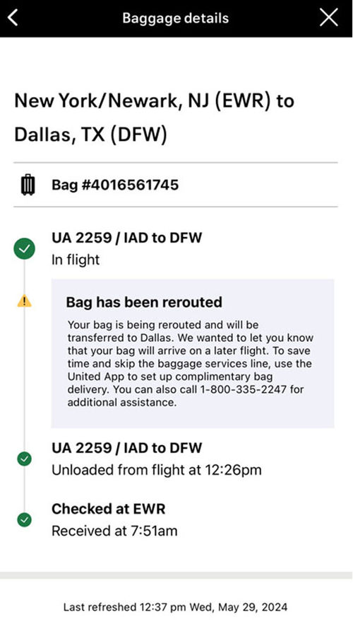 A screenshot of United's app showing the rerouted bag messaging on the author's EWR-DFW flight. A screenshot of United's app showing the rerouted bag messaging on the author's EWR-DFW flight.