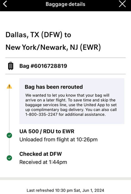 A screenshot of United's app showing the rerouted bag messaging on the author's DFW-EWR flight. A screenshot of United's app showing the rerouted bag messaging on the author's DFW-EWR flight.