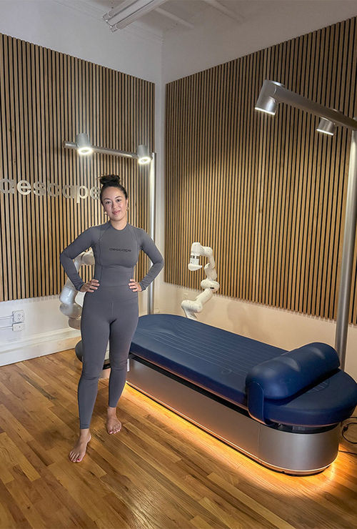 A specialized outfit ensures the right amount of friction for a robotic massage. A specialized outfit ensures the right amount of friction for a robotic massage.