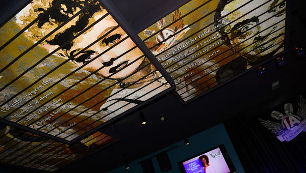 Acoustic ceiling panels at the L.A. Comedy Club at the Strat pay tribute to comedy legends. Acoustic ceiling panels at the L.A. Comedy Club at the Strat pay tribute to comedy legends.