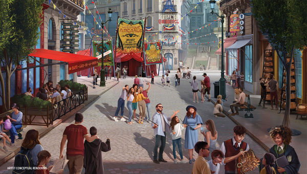 After entering the portal for Wizarding World of Harry Potter -- Ministry of Magic, guests will be in the Place Cachee shopping district. After entering the portal for Wizarding World of Harry Potter -- Ministry of Magic, guests will be in the Place Cachee shopping district.