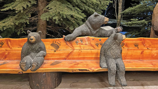 Bears are carved into the bench in the porte-cochere of the Snake River Lodge and Spa in Teton Village. Bears are carved into the bench in the porte-cochere of the Snake River Lodge and Spa in Teton Village.