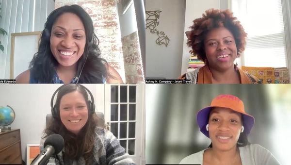 Clockwise from top left: Nicole Edenedo of Travel Weekly; Ashley Company of Jelani Travel; Martinique Lewis, creator of ABC Travel Greenbook; and host Rebecca Tobin. Clockwise from top left: Nicole Edenedo of Travel Weekly; Ashley Company of Jelani Travel; Martinique Lewis, creator of ABC Travel Greenbook; and host Rebecca Tobin.