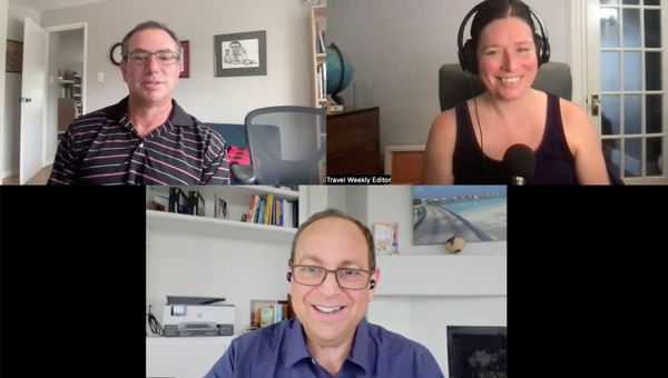 Clockwise from top left: Travel Weekly aviation editor Robert Silk, host Rebecca Tobin and airlines expert Gary Leff of the "View From the Wing" site. Clockwise from top left: Travel Weekly aviation editor Robert Silk, host Rebecca Tobin and airlines expert Gary Leff of the "View From the Wing" site.