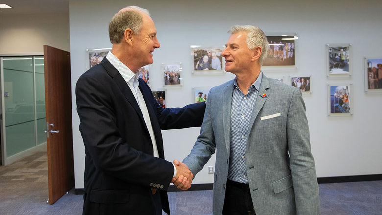 Gary Kelly (left) and Bob Jordan in February 2022, when Jordan succeeded Kelly as Southwest CEO.
