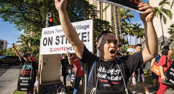 Members of Unite Here Local 5 picketing at the Hilton Hawaiian Village Waikiki Beach Resort in Honolulu over the Labor Day Weekend.