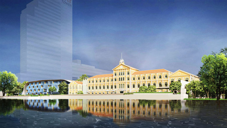 A rendering of The Langham Customs House Bangkok, which will open in Bangkok's Bang Rak district, along the Chao Phraya River, in 2026.