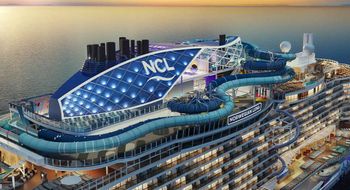 A rendering of the Norwegian Luna with its Slidecoaster stretching around the top deck.