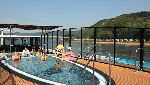 The pool on AmaWaterways' AmaPrima is a good place to head to cool off on a hot summer day. The pool on AmaWaterways' AmaPrima is a good place to head to cool off on a hot summer day.