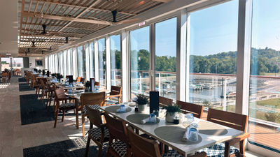 The indoor/outdoor Aquavit Terrace on Deck 5 aboard the Viking Mississippi.
